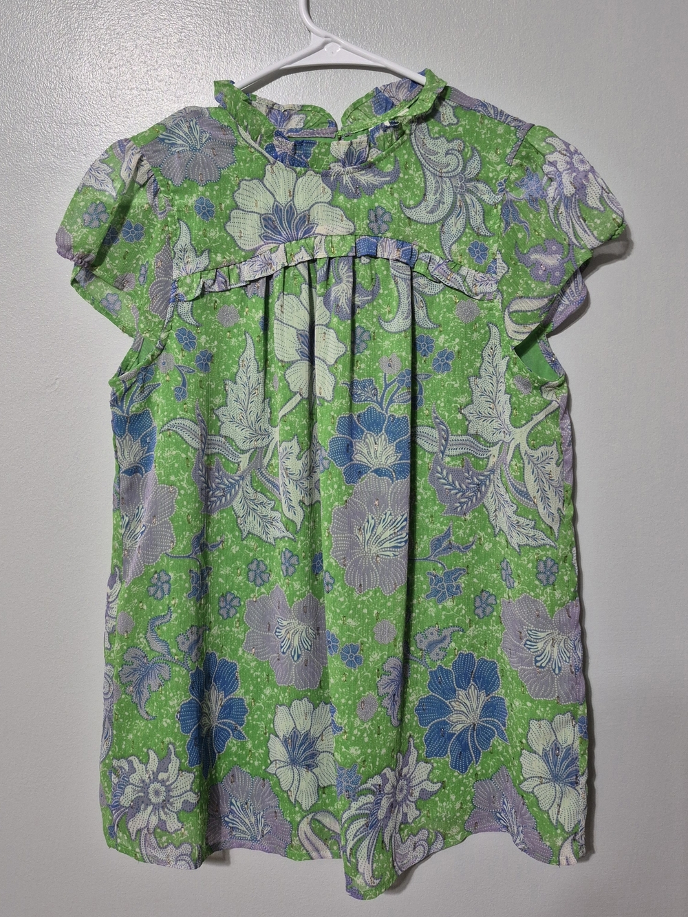 Joie Floral Blouse Green Blue Ruffle Short Sleeve Women’s Petite Small - Picture 3 of 5